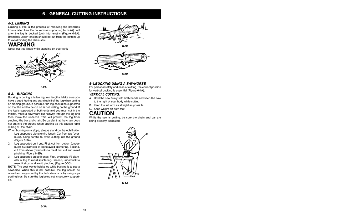 Yard Machines MTD1840AVCC, MTD1640NAVCC manual Limbing, Bucking Using a Sawhorse, Vertical Cutting 