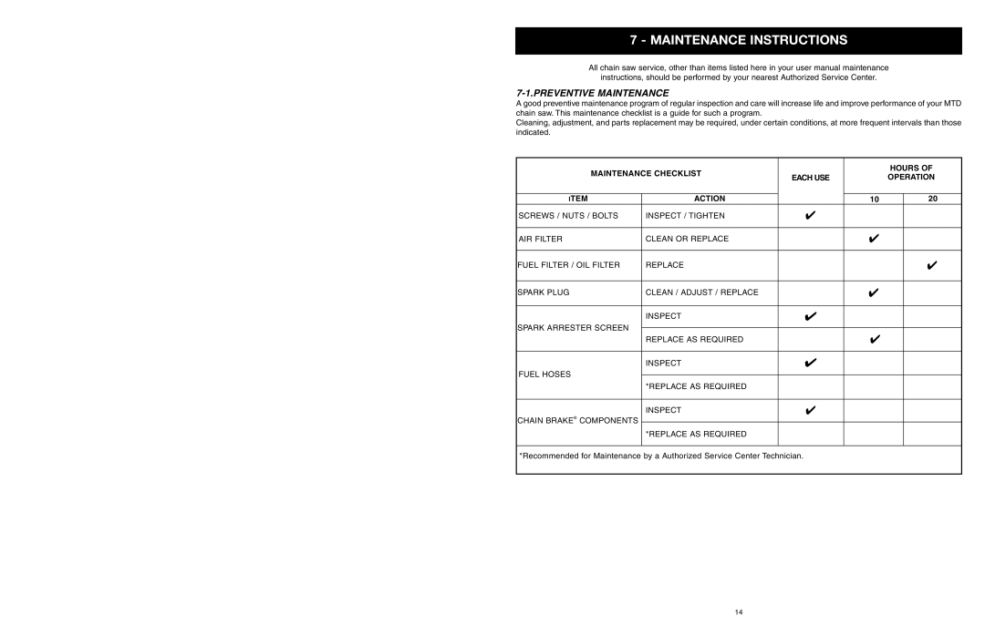 Yard Machines MTD1640NAVCC, MTD1840AVCC manual Maintenance Instructions, Preventive Maintenance 