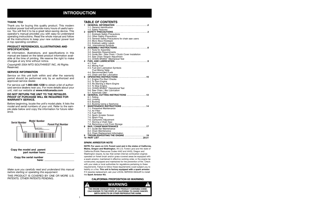 Yard Machines MTD1840AVCC, MTD1640NAVCC manual Introduction, Table of Contents 