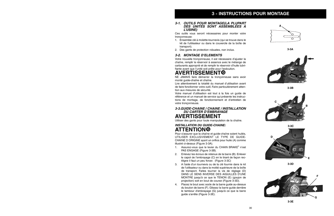 Yard Machines MTD1640NAVCC, MTD1840AVCC manual Instructions Pour Montage, Montage D’ELEMENTS, Installation DU GUIDE-CHAINE 