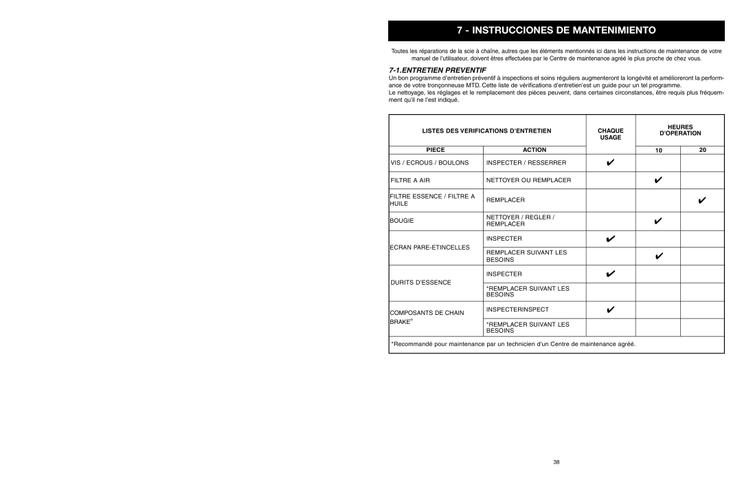 Yard Machines MTD1640NAVCC, MTD1840AVCC manual Instrucciones DE Mantenimiento, Entretien Preventif 