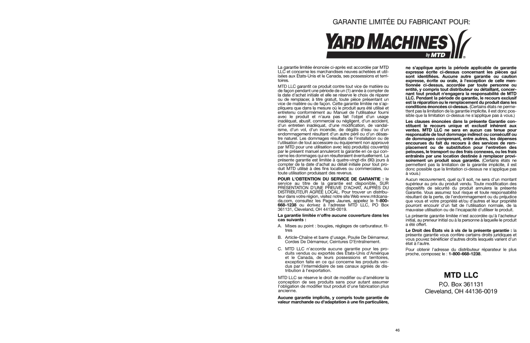 Yard Machines MTD1640NAVCC, MTD1840AVCC manual Garantie Limitée DU Fabricant Pour 