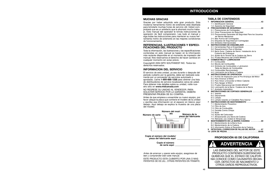 Yard Machines MTD1640NAVCC, MTD1840AVCC manual Introduccion, Muchas Gracias 