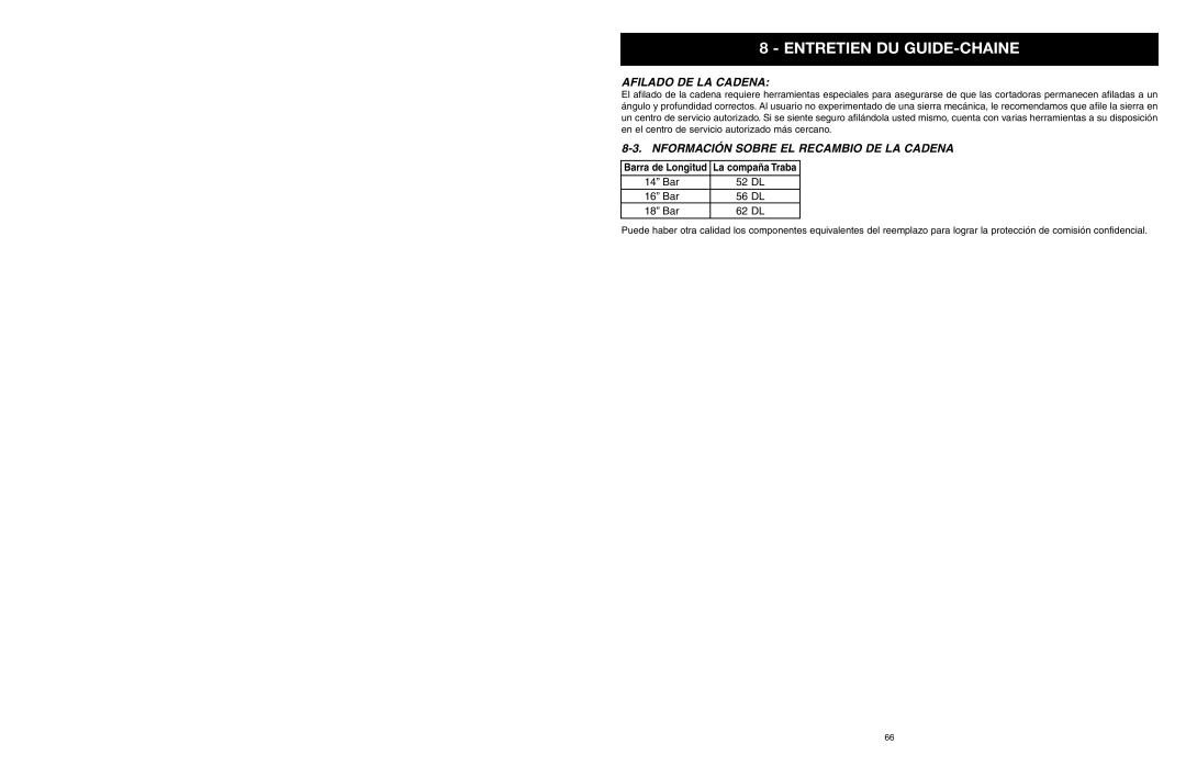 Yard Machines MTD1640NAVCC, MTD1840AVCC manual Afilado DE LA Cadena, Nformación Sobre EL Recambio DE LA Cadena 