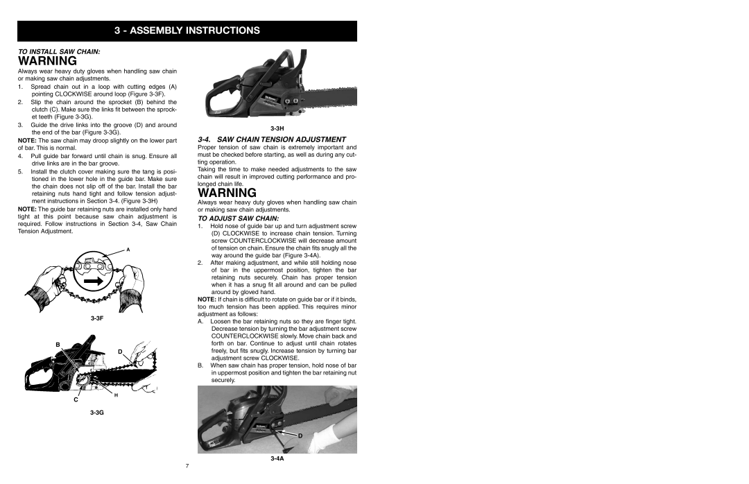 Yard Machines MTD1840AVCC, MTD1640NAVCC manual SAW Chain Tension Adjustment, To Install SAW Chain, To Adjust SAW Chain 