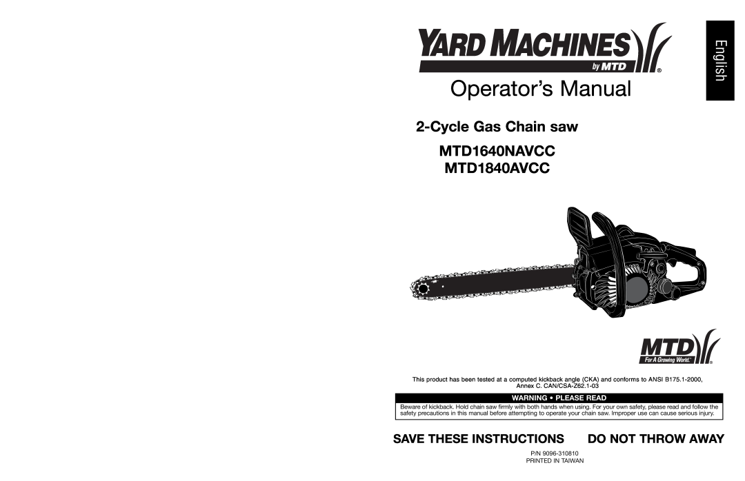 Yard Machines manual Operator’s Manual, Cycle Gas Chain saw MTD1640NAVCC MTD1840AVCC, English, Warning Please Read 