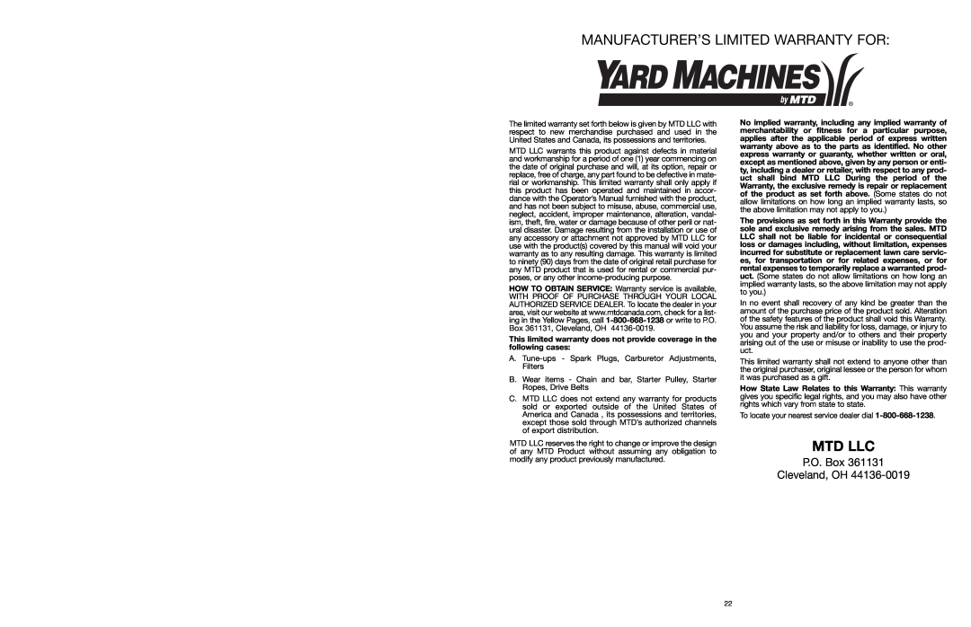 Yard Machines MTD1640NAVCC, MTD1840AVCC manual Manufacturer’S Limited Warranty For, Mtd Llc, P.O. Box Cleveland, OH 