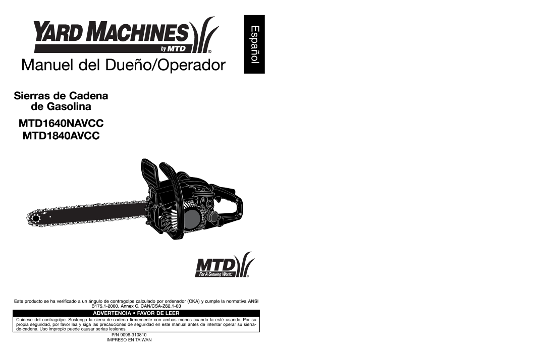 Yard Machines manual Manuel del Dueño/Operador, Sierras de Cadena de Gasolina MTD1640NAVCC MTD1840AVCC, Español 
