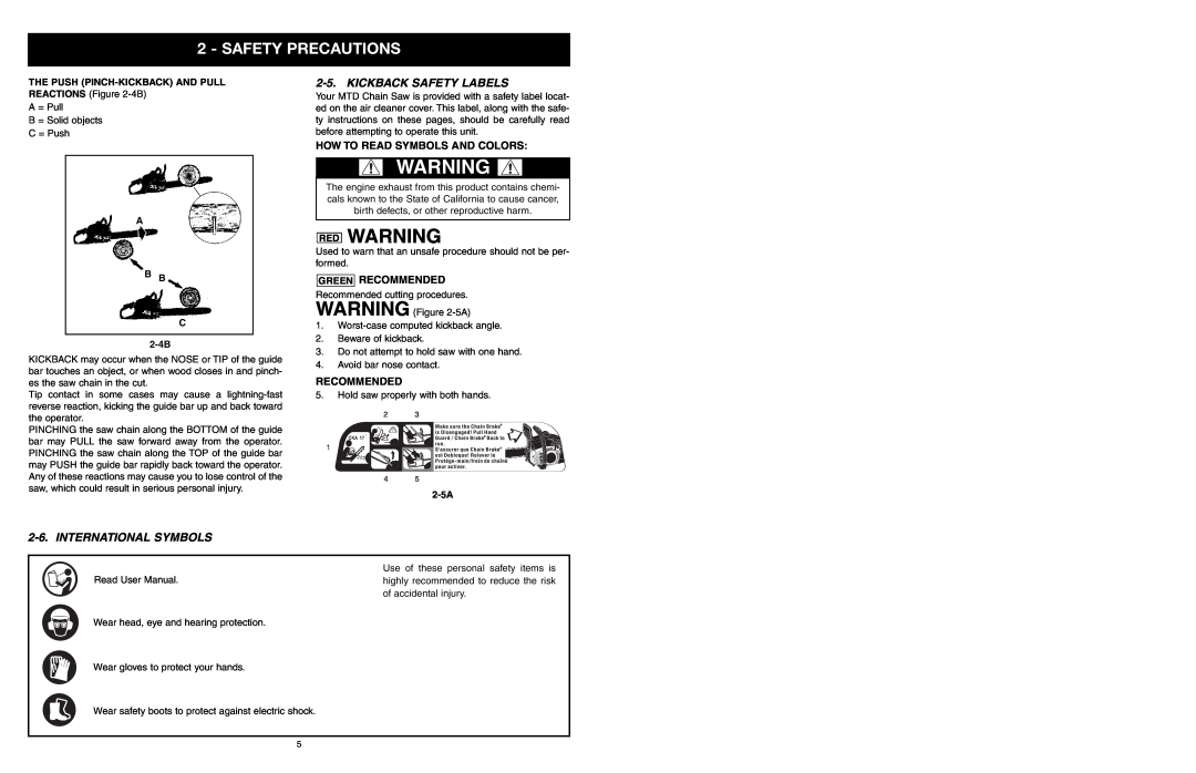 Yard Machines MTD1840AVCC manual Red Warning, Kickback Safety Labels, International Symbols, How To Read Symbols And Colors 