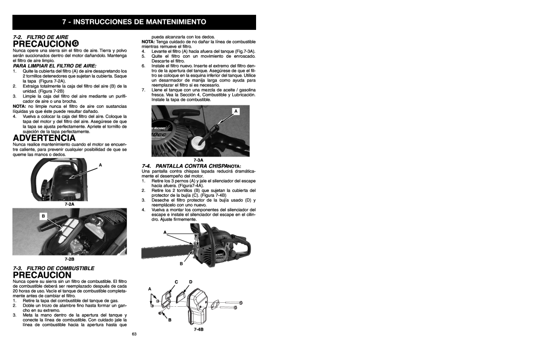 Yard Machines MTD1840AVCC manual Filtro De Aire, Filtro De Combustible, Pantalla Contra Chispanota, Precaucion, Advertencia 
