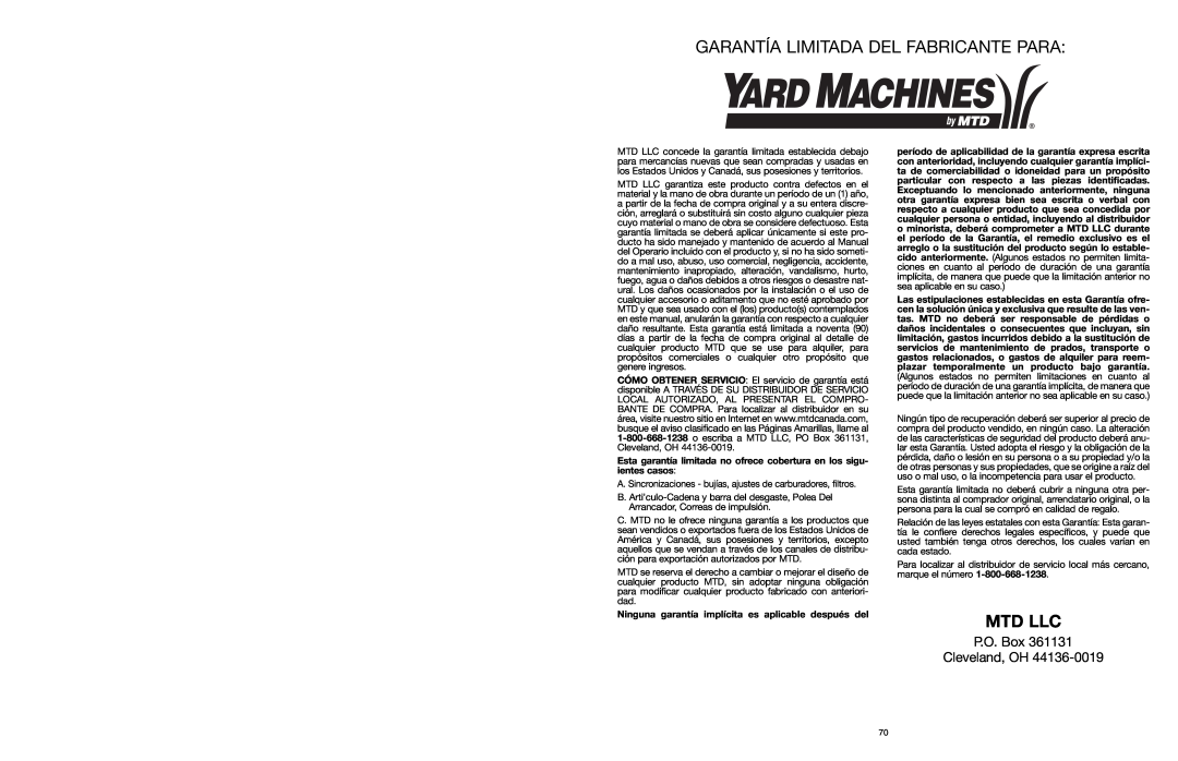 Yard Machines MTD1640NAVCC Garantía Limitada Del Fabricante Para, Ninguna garantía implícita es aplicable después del 