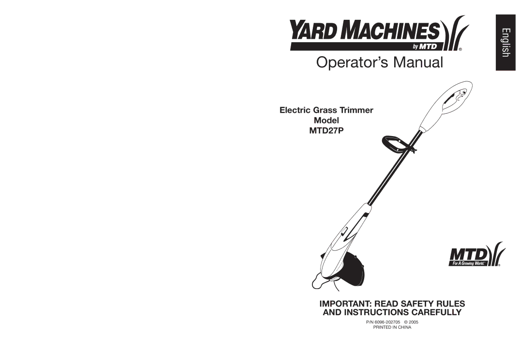 Yard Machines MTD27P manual Operator’s Manual 