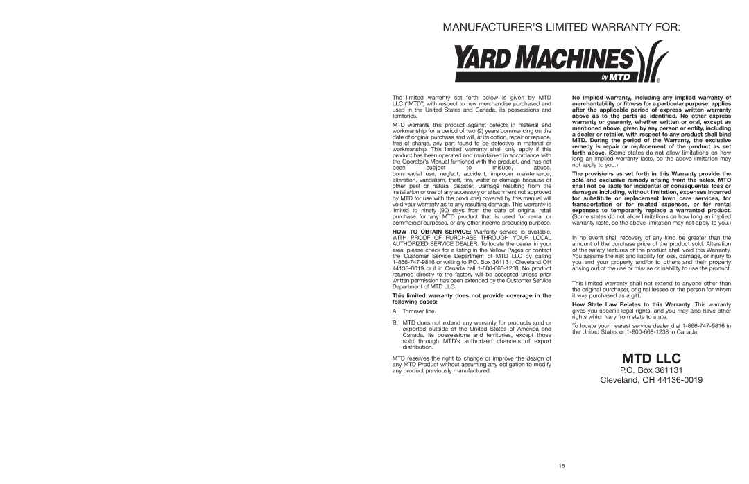 Yard Machines MTD27P manual Mtd Llc 