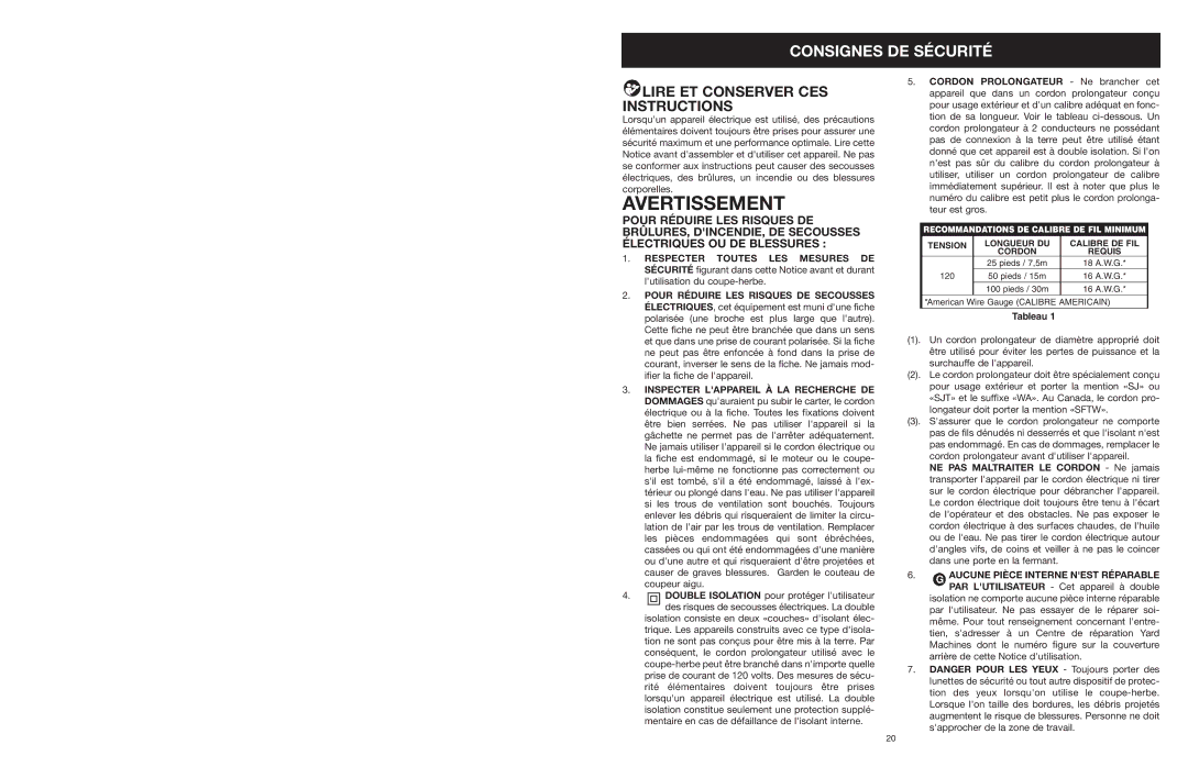 Yard Machines MTD27P manual Avertissement, Lire ET Conserver CES Instructions 