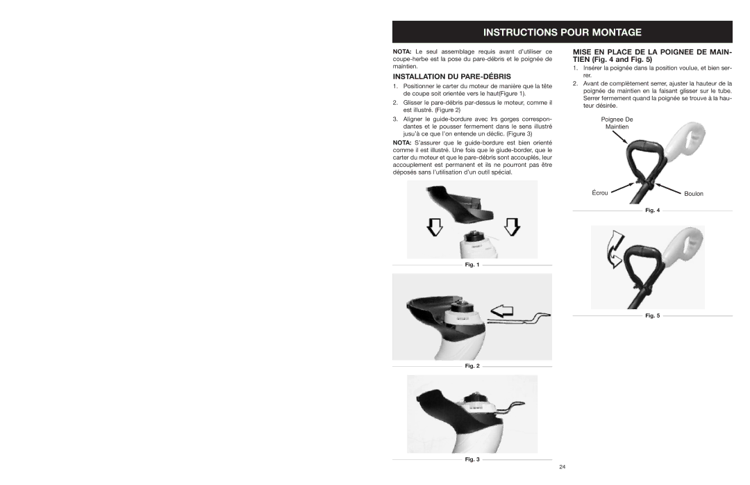 Yard Machines MTD27P manual Instructions Pour Montage, Installation DU PARE-DÉBRIS 