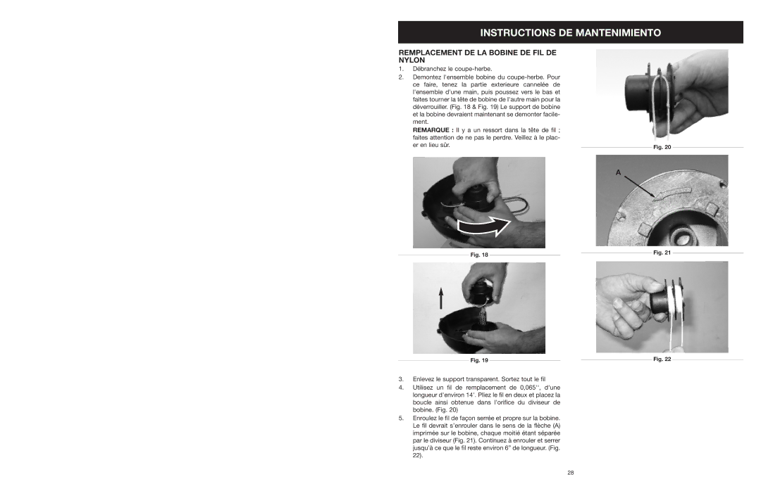 Yard Machines MTD27P manual Instructions DE Mantenimiento, Remplacement DE LA Bobine DE FIL DE Nylon 