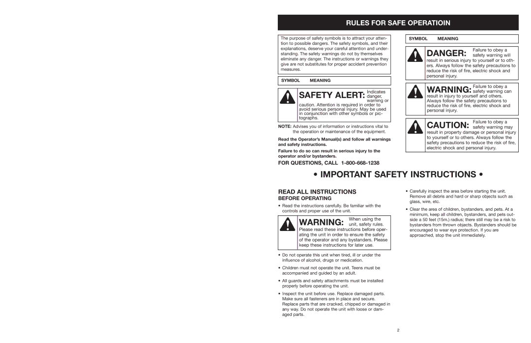 Yard Machines MTD27P manual Important Safety Instructions, Rules for Safe Operatioin, Before Operating 