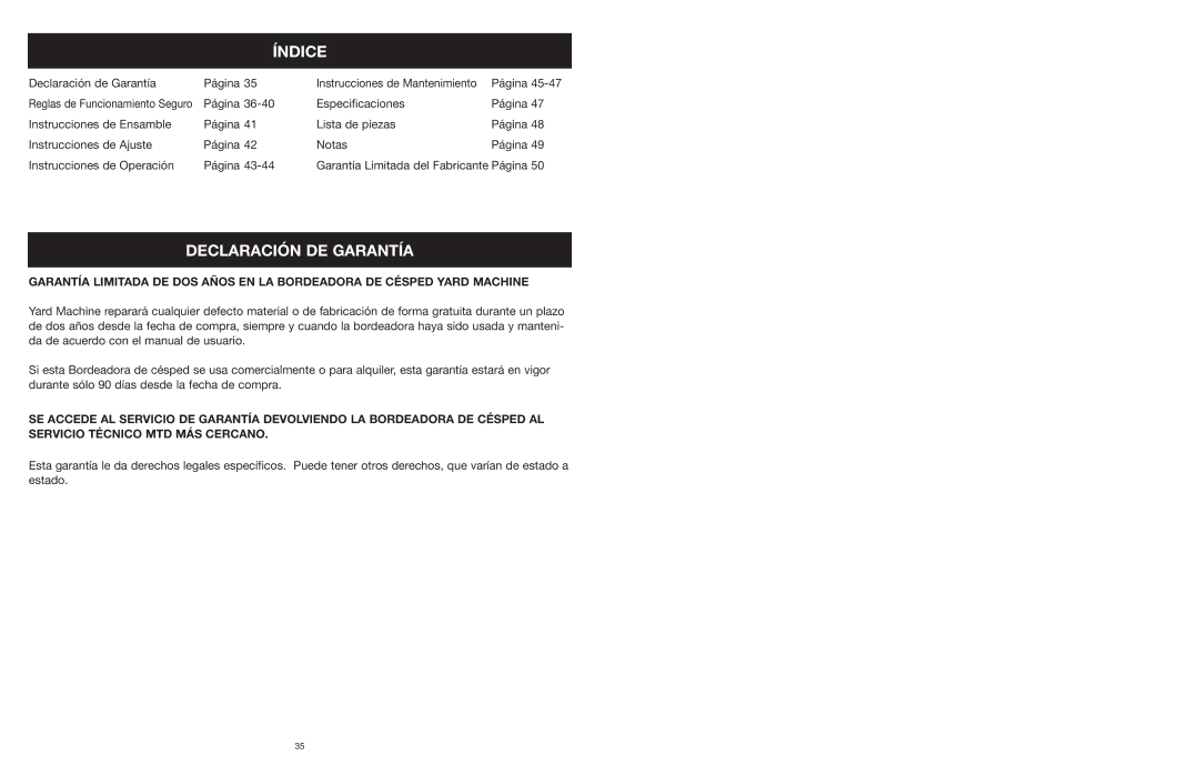 Yard Machines MTD27P manual Índice, Declaración DE Garantía 