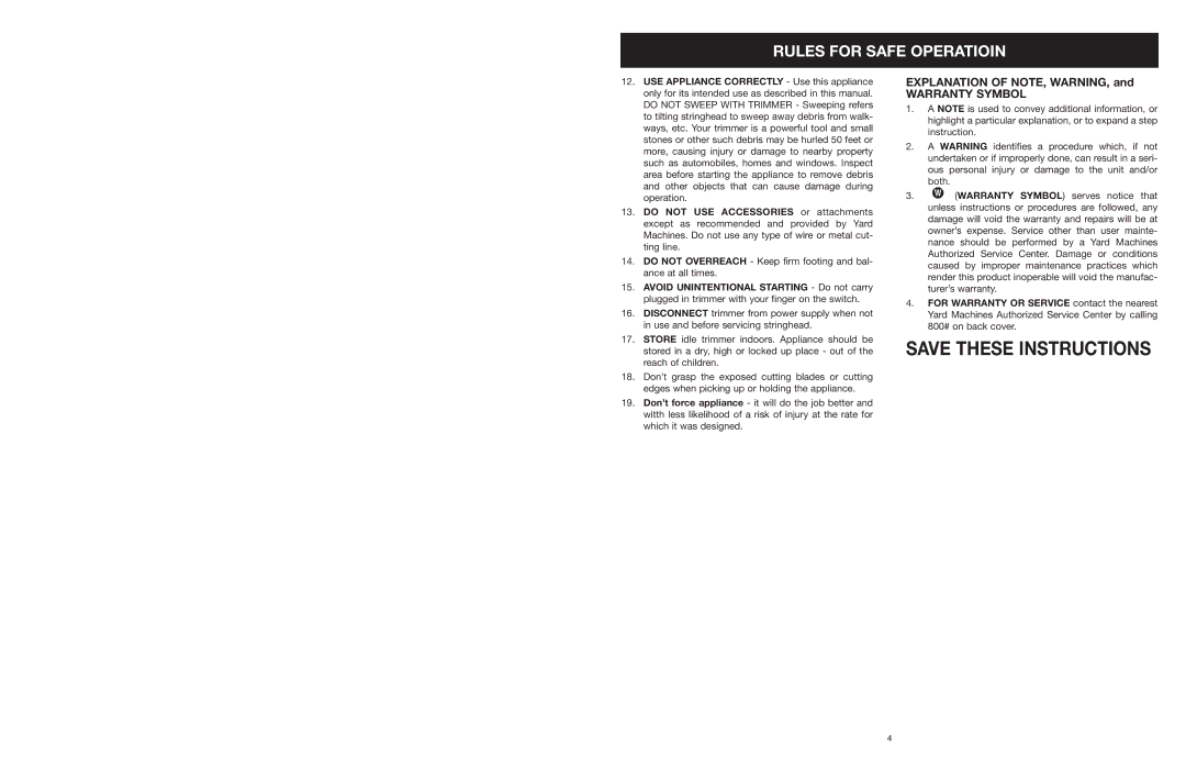 Yard Machines MTD27P manual Warranty Symbol 