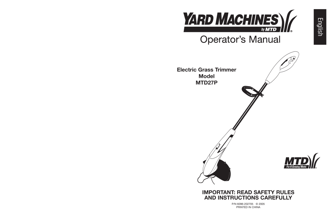 Yard Machines manual Operator’s Manual, English, Electric Grass Trimmer Model MTD27P 