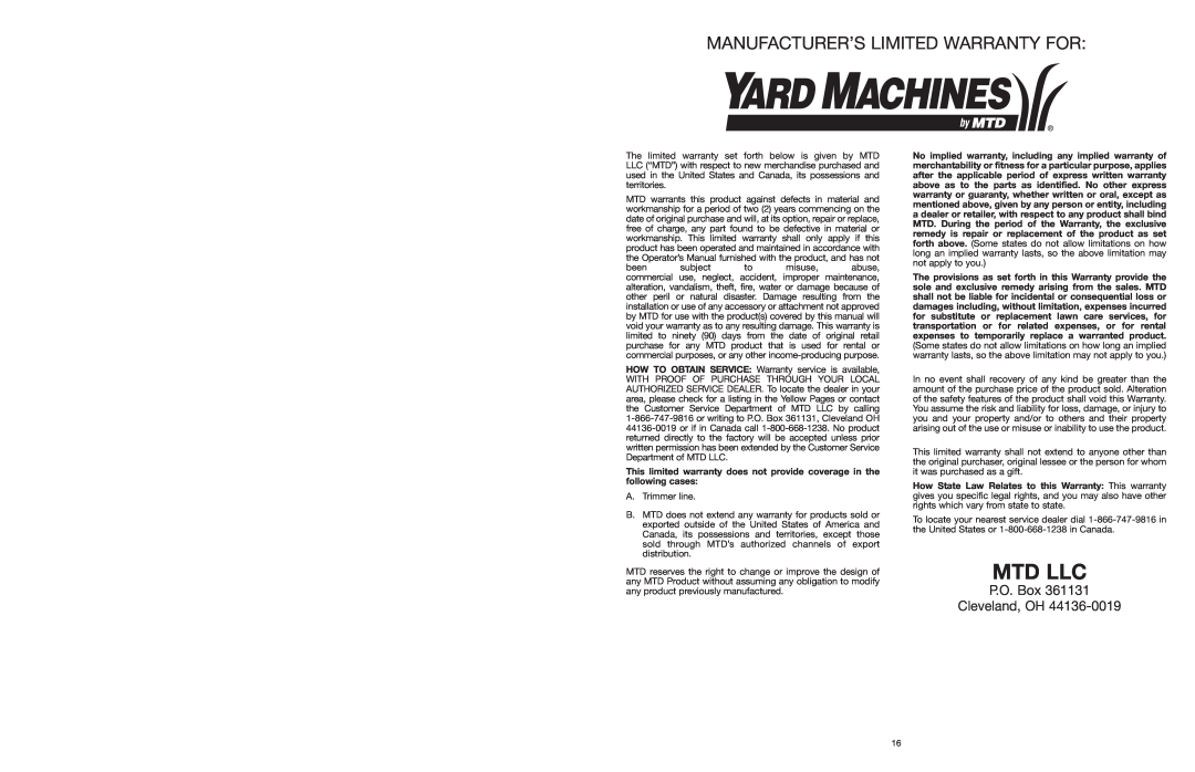 Yard Machines MTD27P manual Mtd Llc, Manufacturer’S Limited Warranty For, P.O. Box Cleveland, OH 