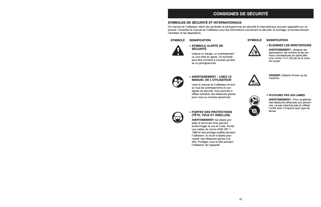 Yard Machines MTD27P manual Symboles De Sécurité Et Internationaux, Consignes De Sécurité, Symbole Signification 