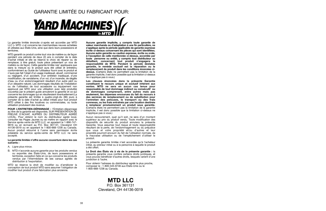 Yard Machines MTD27P manual Garantie Limitée Du Fabricant Pour, Mtd Llc, P.O. Box Cleveland, OH 