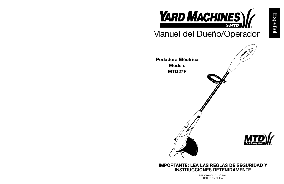 Yard Machines manual Manuel del Dueño/Operador, Español, Podadora Eléctrica Modelo MTD27P 