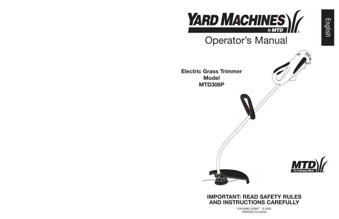 Yard Machines MTD308P manual Operator’s Manual 