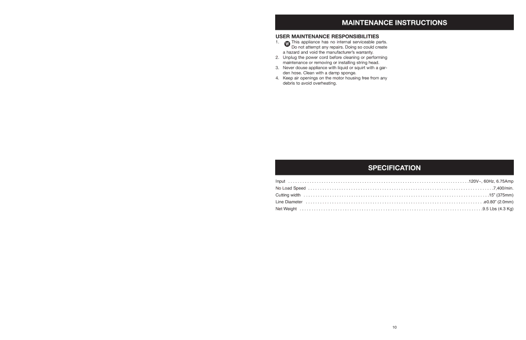 Yard Machines MTD308P manual Specification, User Maintenance Responsibilities 