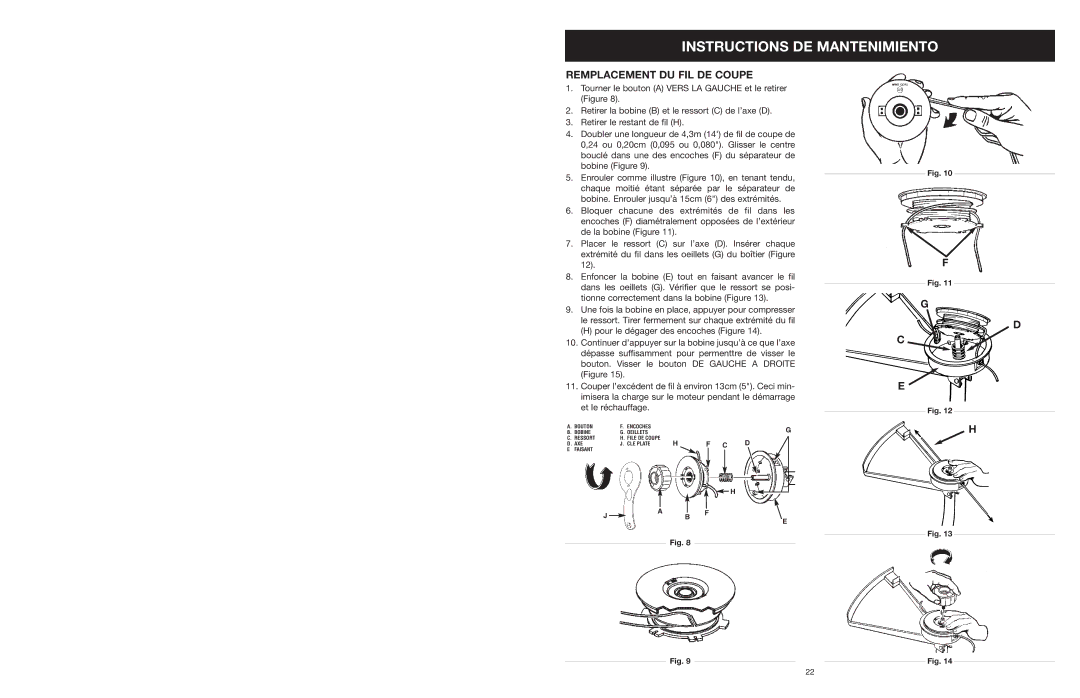 Yard Machines MTD308P manual Instructions DE Mantenimiento, Remplacement DU FIL DE Coupe 