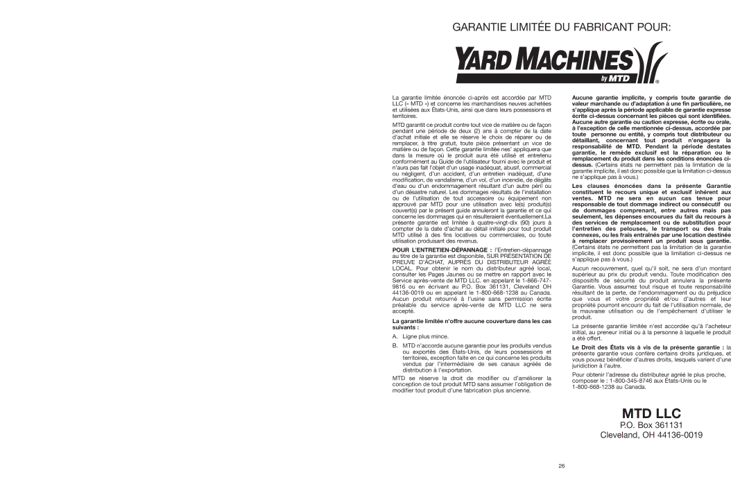 Yard Machines MTD308P manual Garantie Limitée DU Fabricant Pour 