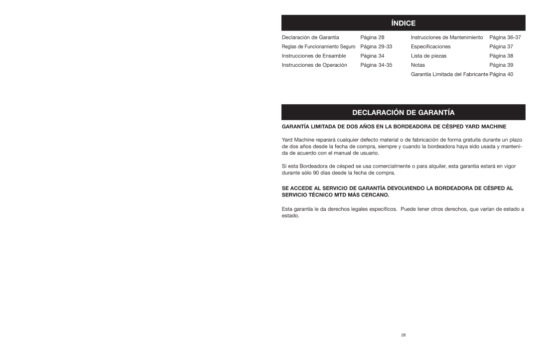 Yard Machines MTD308P manual Índice, Declaración DE Garantía 