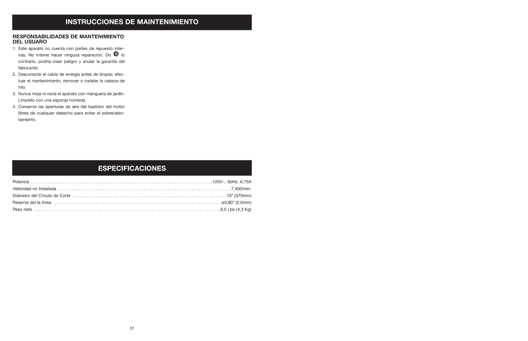 Yard Machines MTD308P manual Especificaciones, Responsabilidades DE Mantenimiento DEL Usuaro 