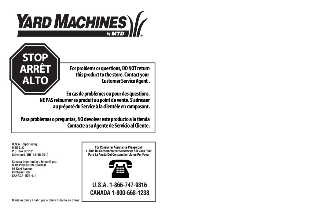 Yard Machines MTD308P manual Stop 