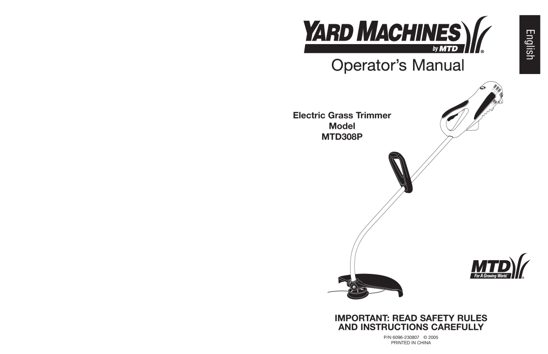 Yard Machines manual Operator’s Manual, English, Electric Grass Trimmer Model MTD308P 