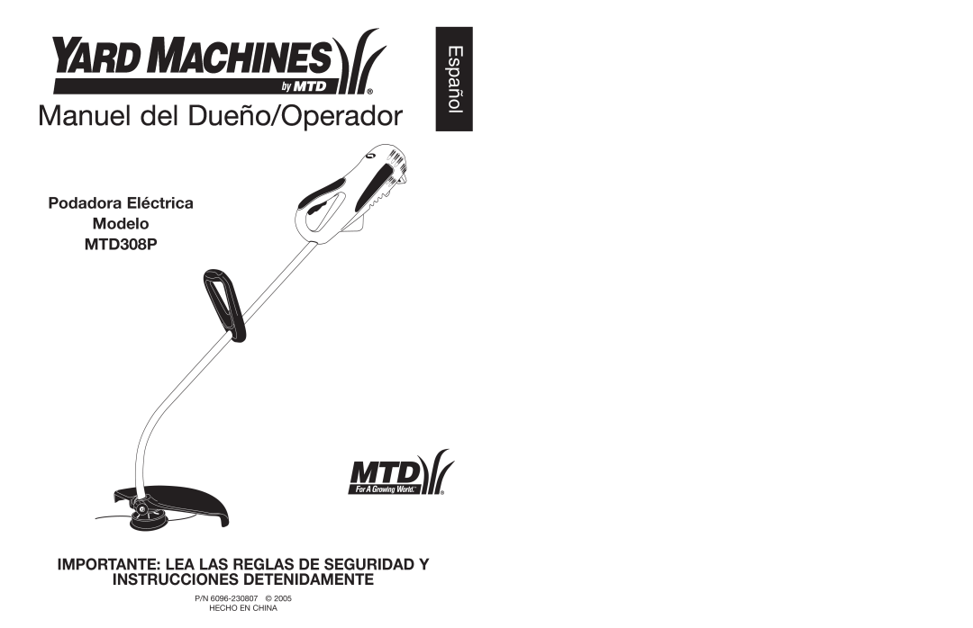 Yard Machines manual Manuel del Dueño/Operador, Español, Podadora Eléctrica Modelo MTD308P 