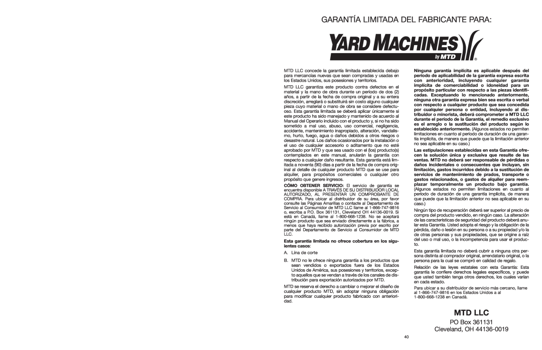 Yard Machines MTD308P manual Garantía Limitada Del Fabricante Para, Mtd Llc, PO Box Cleveland, OH 