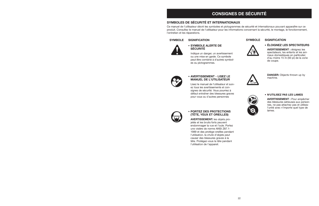 Yard Machines MTDA13P manual Symboles DE Sécurité ET Internationaux 