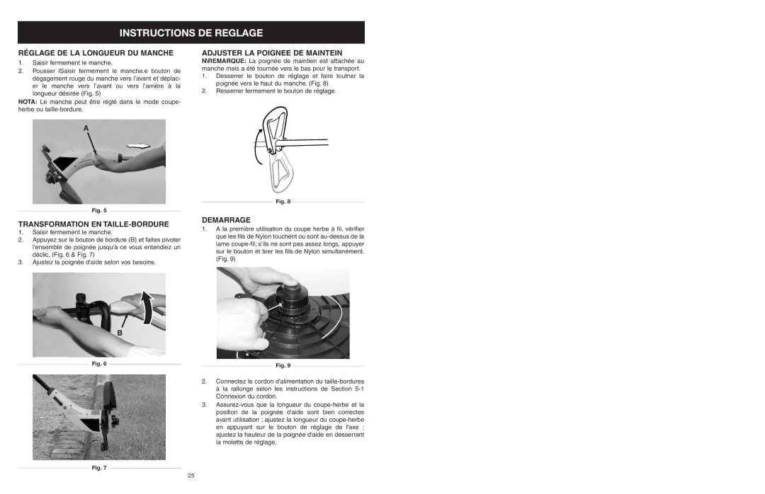 Yard Machines MTDA13P manual Instructions DE Reglage, Réglage DE LA Longueur DU Manche, Transformation EN TAILLE-BORDURE 