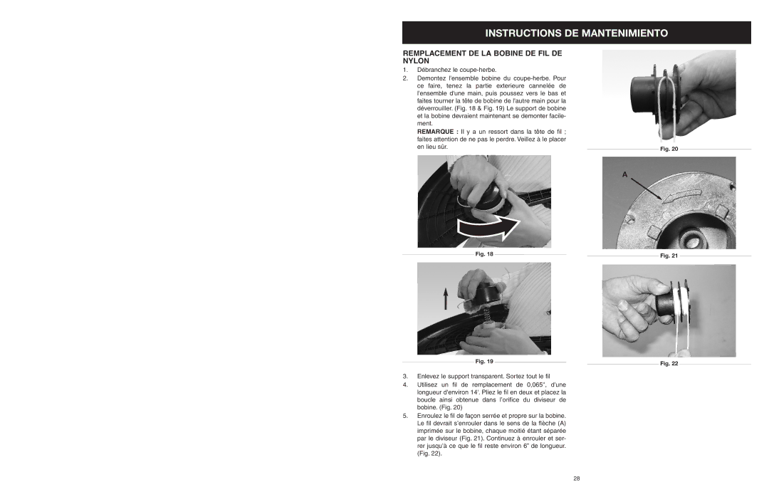 Yard Machines MTDA13P manual Instructions DE Mantenimiento, Remplacement DE LA Bobine DE FIL DE Nylon 