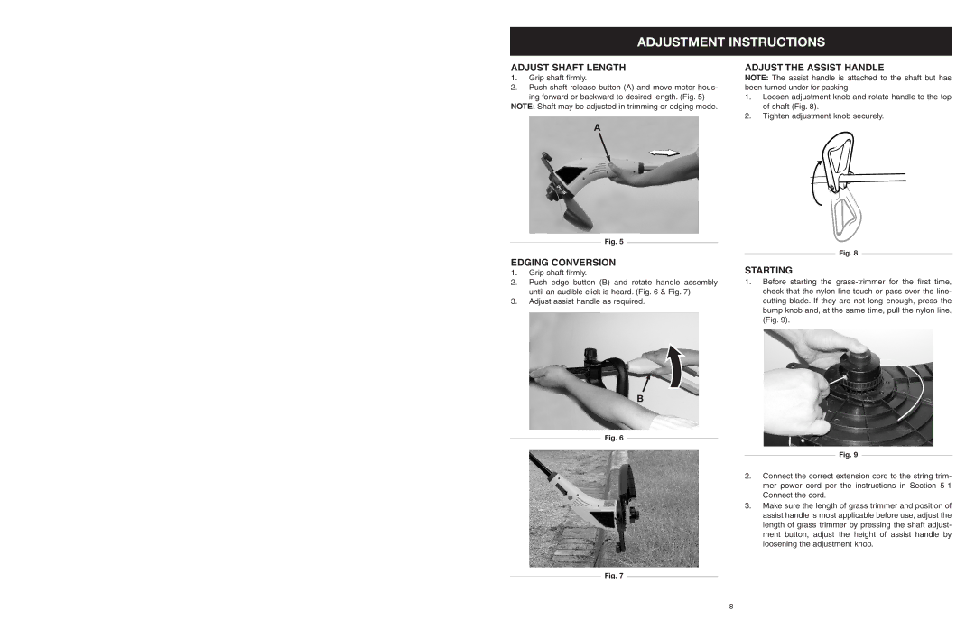 Yard Machines MTDA13P Adjustment Instructions, Adjust Shaft Length, Edging Conversion, Adjust the Assist Handle, Starting 