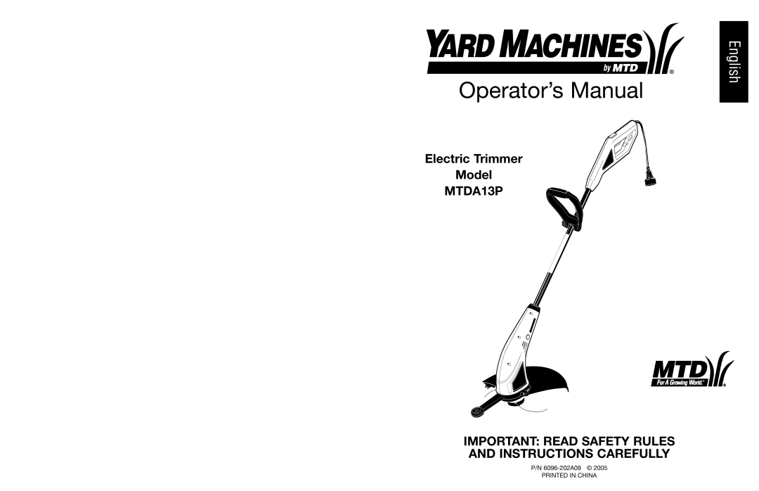 Yard Machines manual Operator’s Manual, English, Electric Trimmer Model MTDA13P 