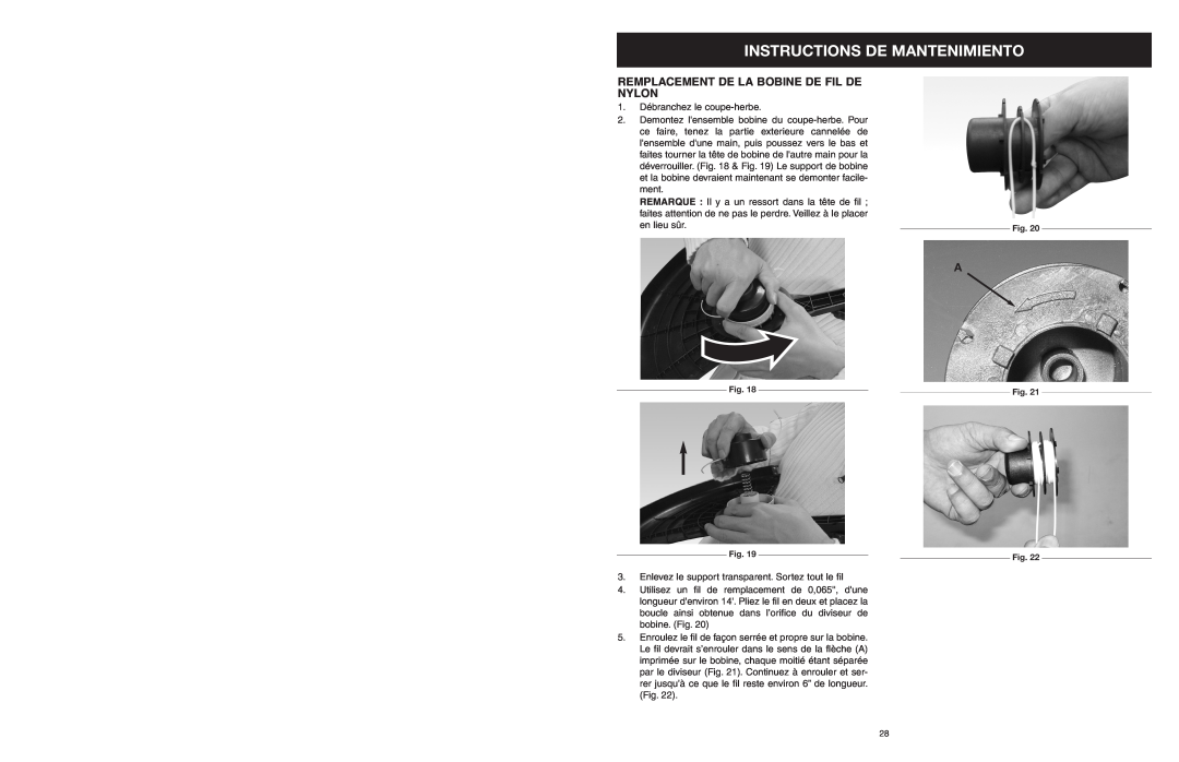 Yard Machines MTDA13P manual Instructions De Mantenimiento, Remplacement De La Bobine De Fil De Nylon 