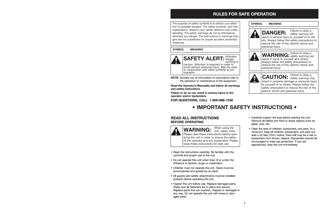 Yard Machines MTDA13P Important Safety Instructions, Rules For Safe Operation, Read All Instructions, For Questions, Call 