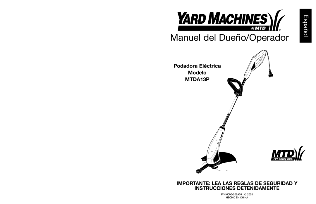 Yard Machines manual Manuel del Dueño/Operador, Español, Podadora Eléctrica Modelo MTDA13P 