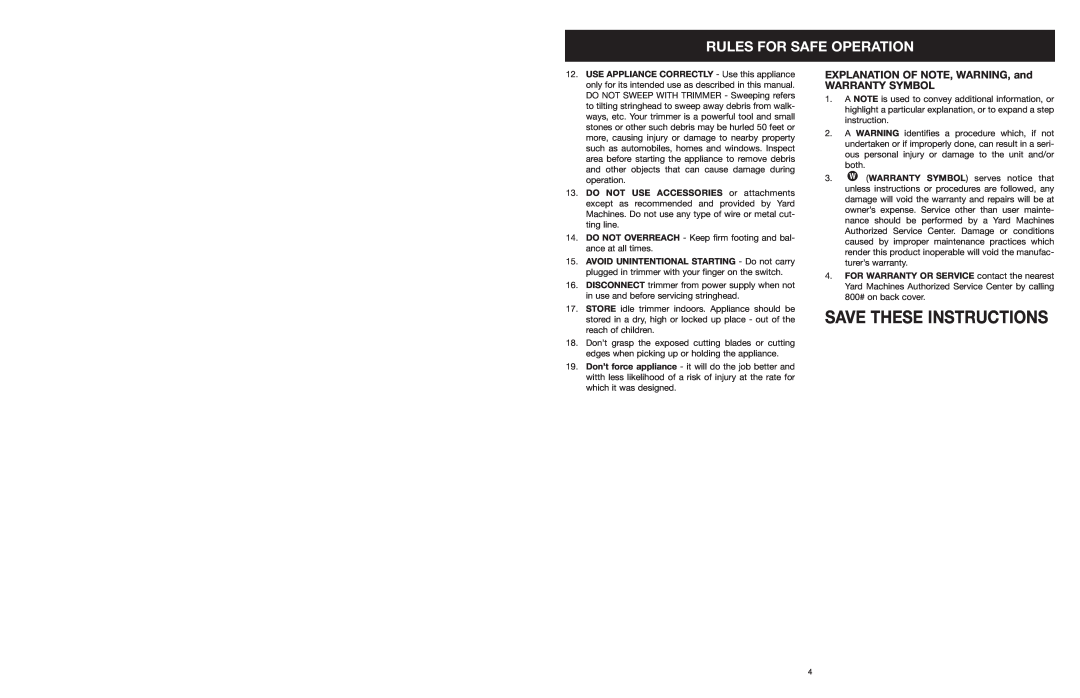 Yard Machines MTDA13P Save These Instructions, EXPLANATION OF NOTE, WARNING, and WARRANTY SYMBOL, Rules For Safe Operation 