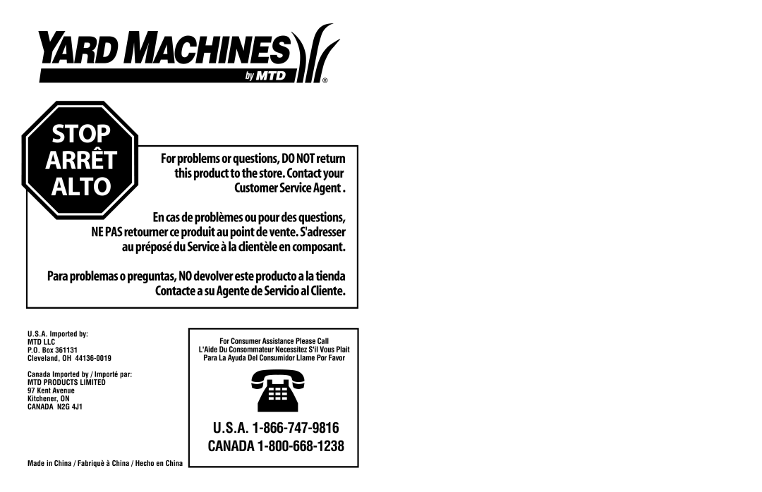 Yard Machines MTDA13P manual U.S.A. Imported by MTD LLC P.O. Box Cleveland, OH, Canada Imported by / Importé par, Stop 