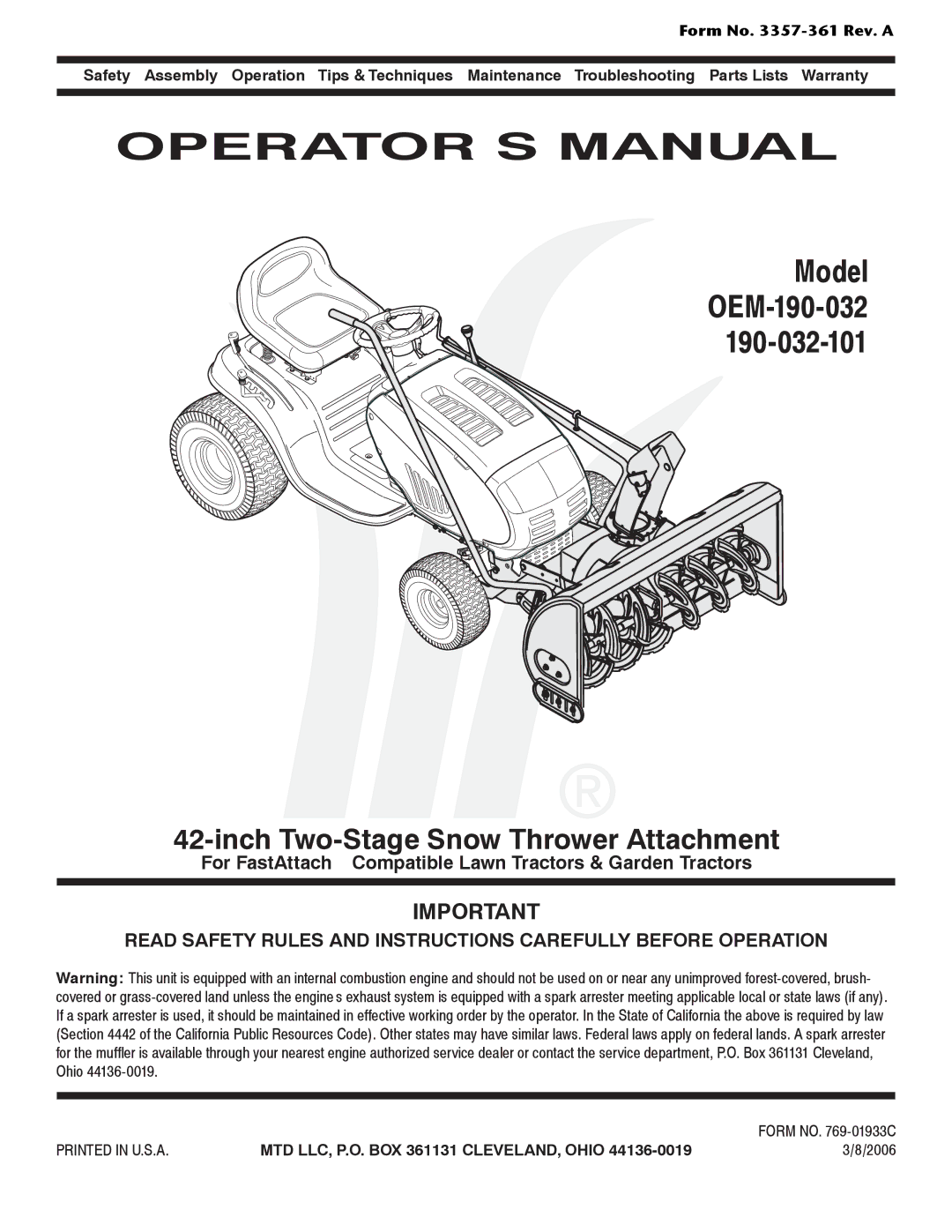 Yard Machines OEM-190-032 warranty OPERATOR’S Manual 