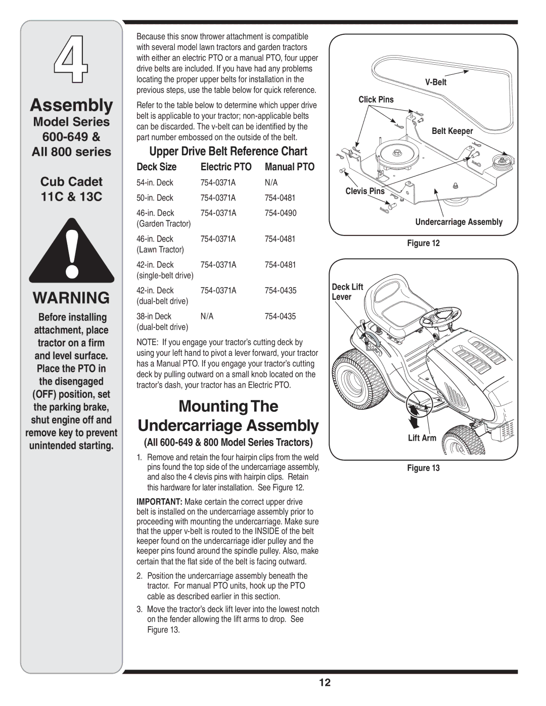 Yard Machines OEM-190-032 warranty Mounting Undercarriage Assembly, Upper Drive Belt Reference Chart, Deck Size 